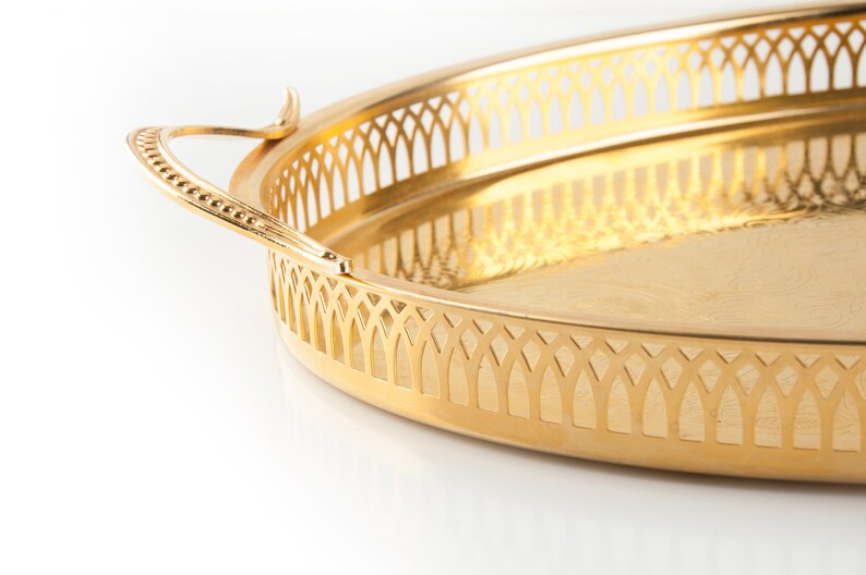 Vintage gold metal tray Serving oval plate Metal gold tray Etsy