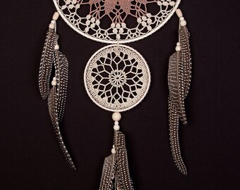 Large Beige Brown Dream Catcher Handmade Crochet Doily Dreamcatcher feathers boho dreamcatchers wall hanging wall decor