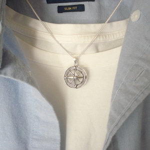 Compass Necklace...Sterling silver Compass Pendant Charm for him, North Star necklace, long distance, Travelers Gift, Coordinates, GPS
