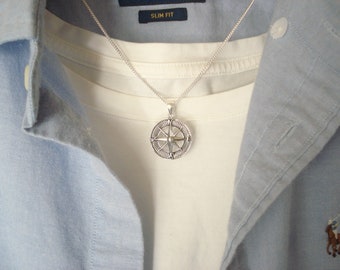 Compass Necklace...Sterling silver Compass Pendant Charm for him, North Star necklace, long distance, Travelers Gift, Coordinates, GPS