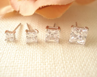Princess Cut CZ Diamond Stud Earrings in Sterling Silver...3mm,4mm, 5mm or 6mm Princess cut CZ Earrings in sterling silver, Bridal gift