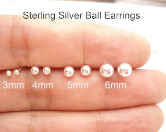 Pendientes de bola de plata de ley 925 (1 par)...Bolas de 3 mm, 4 mm, 5 mm y 6 mm, pendientes sencillos, regalo de dama de honor, regalo para ella