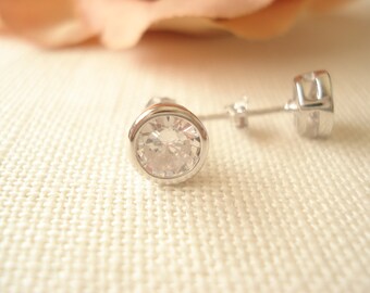 Clear CZ Bezel Earrings...Sterling Silver Dainty solitaire CZ Earrings, CZ Diamond Bracelet, Stackable Layering Bracelet