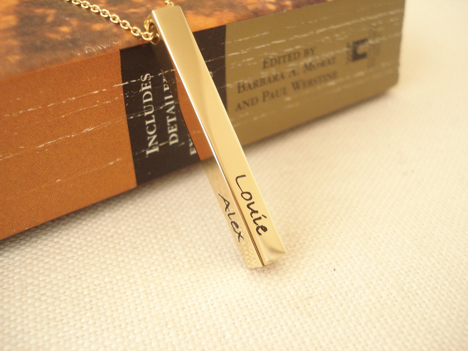 Personalized Vertical Gold bar necklace...Engraved 3D Bar, sorority, …