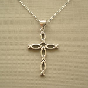 Sterling Silver Cross Necklace...Christian Fish Cross Symbol Charm Necklace, bridesmaid gift, religious, faith gift, simple everyday cross