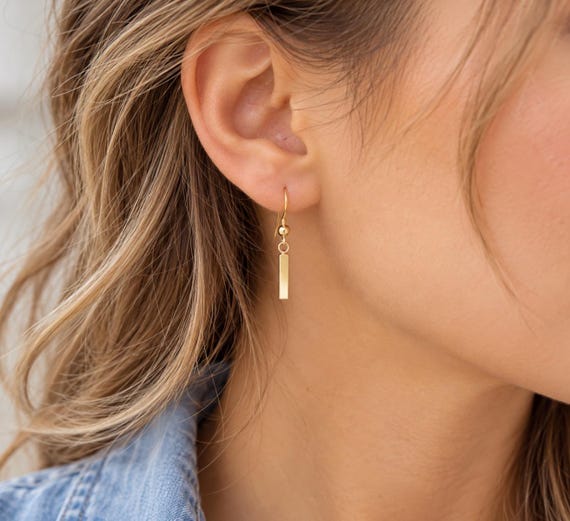 Minimalist Gold Bar Dangle Earrings • 14k Gold Filled Ear Wire • Tiny Bar Drop Earrings • Simple Everyday • Bridesmaid Jewelry Gift