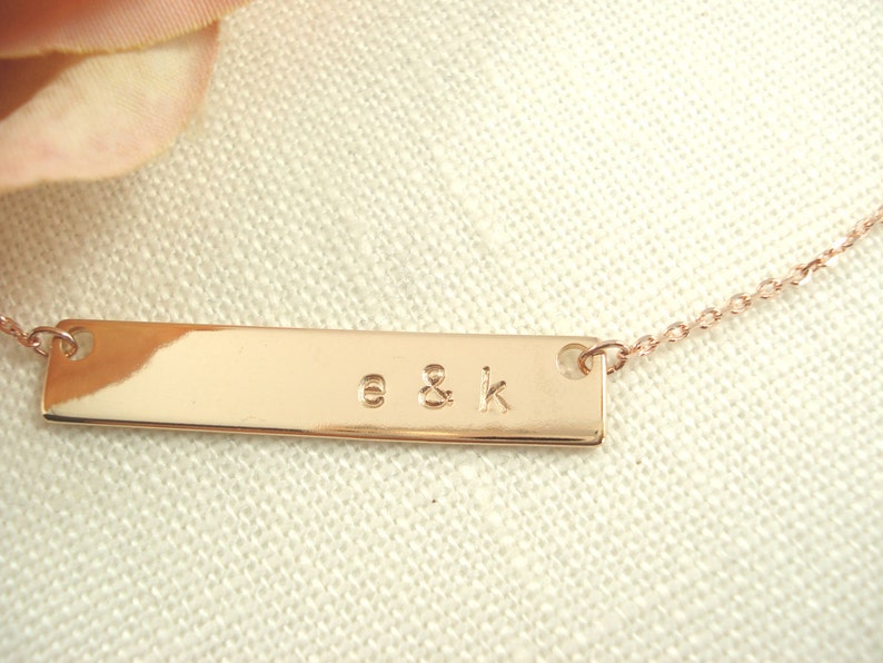 Hand Stamped Rose Gold Bar Necklace...Personalized Name plate bar jewelry, Sorority gift, monogram, bridesmaid gift image 1