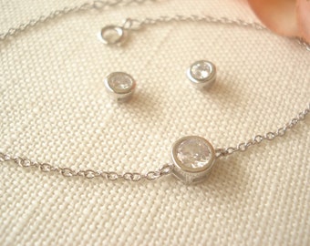 Clear CZ Bezel SET...Sterling Silver Chain bracelet with Dainty solitaire CZ and Stud earrings, Stackable Layering Bracelet