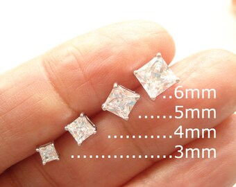 Pendientes de plata de ley con diamantes de circonita cúbica de talla princesa...3 mm, 4 mm, 5 mm o 6 mm Pendientes de plata de ley con diamantes de circonita cúbica de talla princesa, regalo de novia.