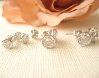 Round Bezel Set CZ Diamond Stud Earrings in Sterling Silver...4mm, 5mm or 6mm Round CZ Bezel Earrings, Bridesmaid gift, Bridal gift