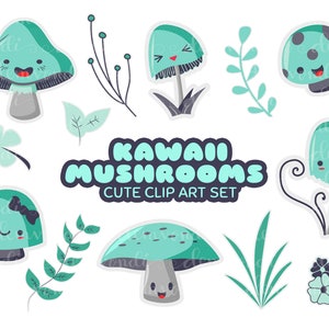 Cogumelos Kawaii - Conjunto de clipart fofo | Adesivos Digitais | Arquivos para impressão PNG e JPG