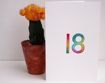 Handmade watercolour 18th birthday card , any age card, number birthday card, special age card, 18th birthday , coming of age card, 18 card