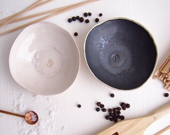 Handmade pair ceramic salt + pepper dish, pottery salt and pepper dish, black + white tableware, ceramic condiment bowl, white ceramic gift