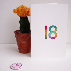 Aquarelle faite à la main, carte de 18 ans, carte de tout âge, carte d'anniversaire numérique, carte d'âge spécial, 18e anniversaire de naissance, carte de passage à l'âge adulte, carte de 18 ans