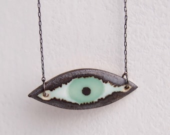 Handmade turquoise ceramic eye necklace, statement jewellery, turquoise statement necklace, ceramic eye jewellery, unique turquoise necklace