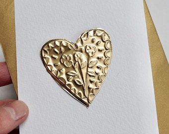 Handmade heart and flowers gold foil  valentine's card made from gold foil, gold foil engagement card , Valentine's day card