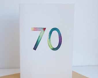Handmade personalised  70th birthday watercolour card, Happy seventy years congratulations birthday card, 70th today watercolour card