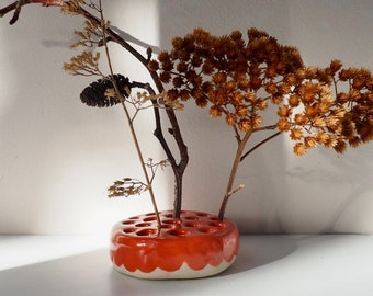 Handmade orange Pottery flower arrangement frog, flower frog, ceramic flower arrangement holder frog, orange pottery flower holder