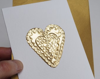 Handmade Valentines day wavy heart card from gold foil, gold foil customised engagement card , Valentine's day card