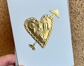 Handmade personalised  Valentines day  gold metal  foil initials  heart with arrow  card