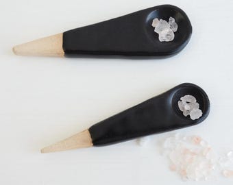 Handmade mini black satin  pottery salt or spice spoon, black ceramic salt spoon, black pottery spoon,