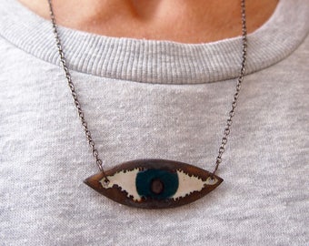 Handmade teal ceramic eye necklace, statement jewellery, teal statement necklace, ceramic eye jewellery,unique blue/green necklace, necklace