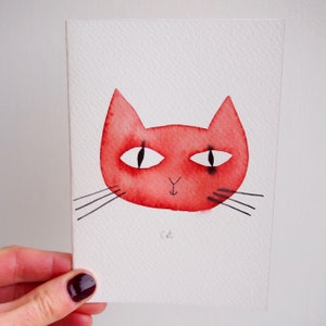 Handmade personalised watercolour cat face birthday card, cat painting, cat lover greeting card, personalised cat watercolour greeting card red/brown