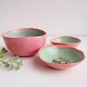 Handmade turquoise and pastel pink ceramic ring dish, pottery jewellery dish , ceramic jewel dish, turquoise pink pottery ring display dish
