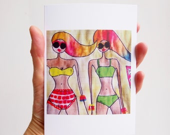 Rainbow hair girl sunbathers  birthday card, fashion illustration card, bikini  swimwear card, girl greetings card, girlfriend barbie card