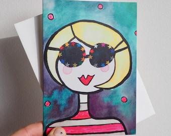 Blonde bob hair & sunglasses girl birthday card with spotty background , fashion girl  withb starry sunglasses card