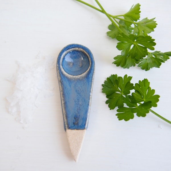 Handmade blue gloss pottery salt spoon, Handmade blue ceramic salt or spice spoon, blue pottery tableware, blue ceramics,