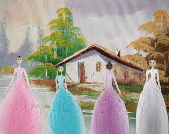 Ghost girls in pastel ball gowns giclee print, altered thrift store art, girls painting, repurposed vintage painting, girls wall art