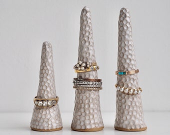 Handmade oatmeal white ceramic textured ring display cones, cream circle texture pottery ring cones, Handmade white ceramic ring holders