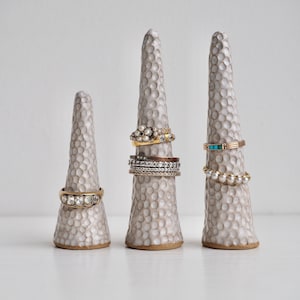 Handmade oatmeal white ceramic textured ring display cones, cream circle texture pottery ring cones, Handmade white ceramic ring holders