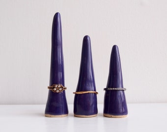 Ceramic glossy purple ring cones, purple pottery ring cones, purple ceramic ring display, purple ceramic ring holders, purple ring trees