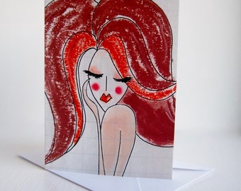 Auburn red hair girl fashion illustration birthday card, beauty painting greetings card, fashion illustration card,