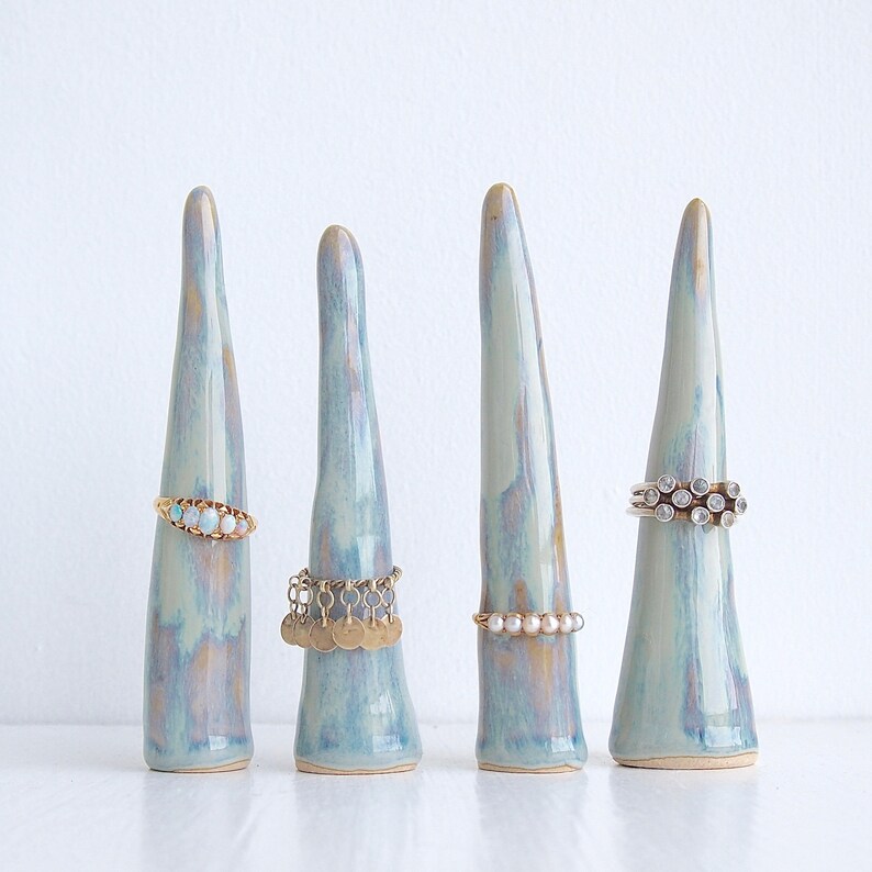 pottery ring holder ceramic ring display Handmade bluebrown glossy ceramic ring cone jewellery display blue brown ceramic ring holder