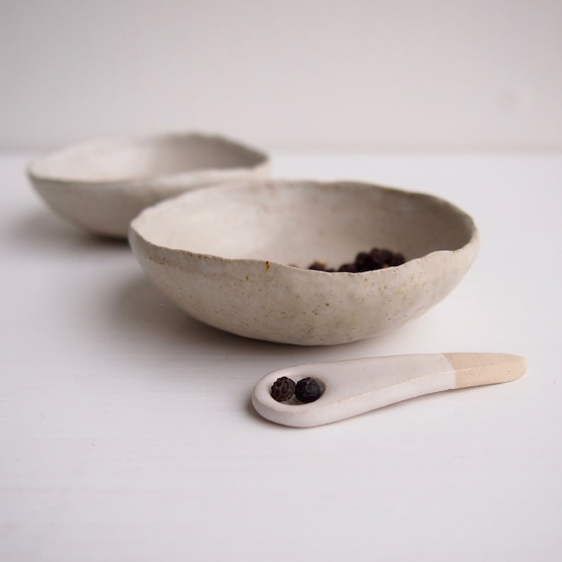 Handmade oatmeal satin ceramic salt and pepper bowls, oatmeal white pottery condiment bowls, ceramic condiment bowl, ceramic mini bowl image 1