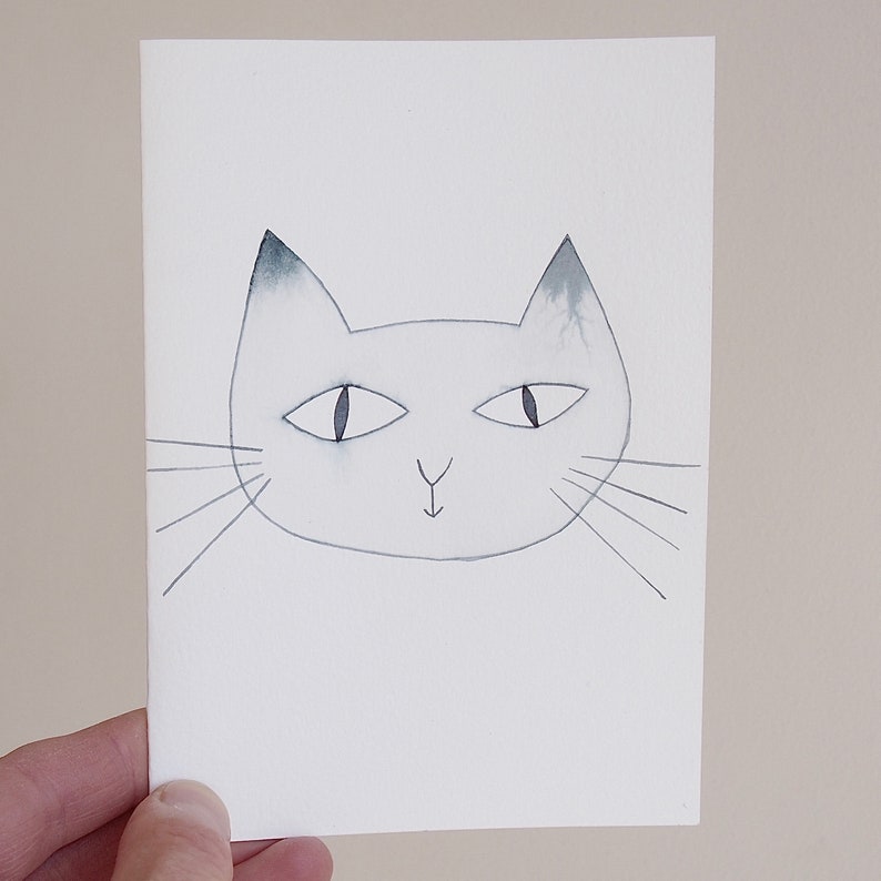 Handmade personalised watercolour cat face birthday card, cat painting, cat lover greeting card, personalised cat watercolour greeting card 画像 7