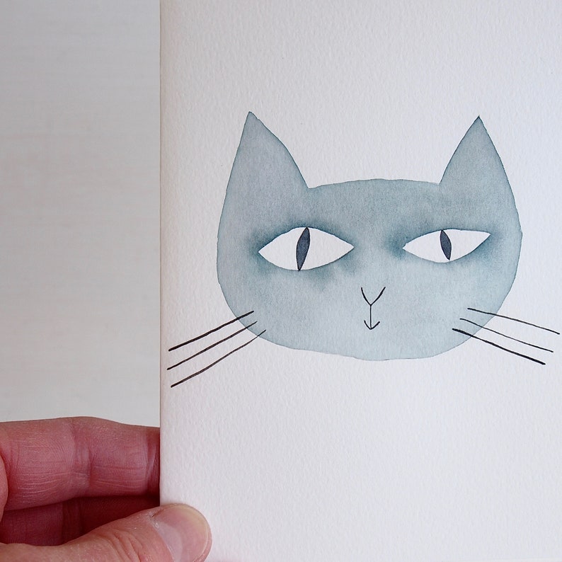 Handmade personalised watercolour cat face birthday card, cat painting, cat lover greeting card, personalised cat watercolour greeting card グレー