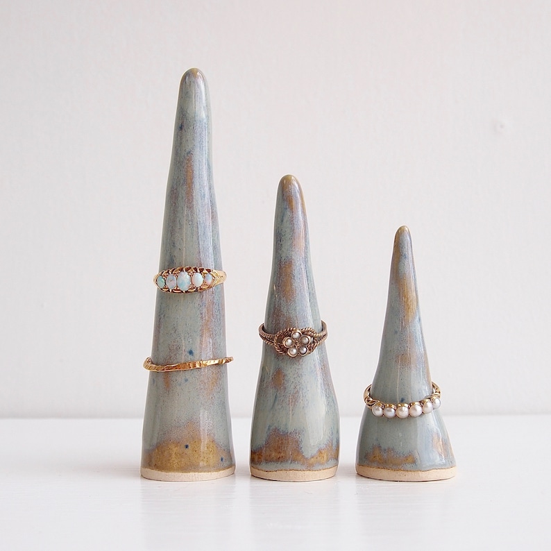 pottery ring holder ceramic ring display Handmade bluebrown glossy ceramic ring cone jewellery display blue brown ceramic ring holder