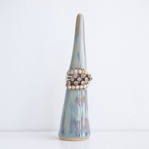 Handmade blue/brown glossy ceramic ring cone, blue brown ceramic ring holder, pottery ring holder, ceramic ring display, jewellery display