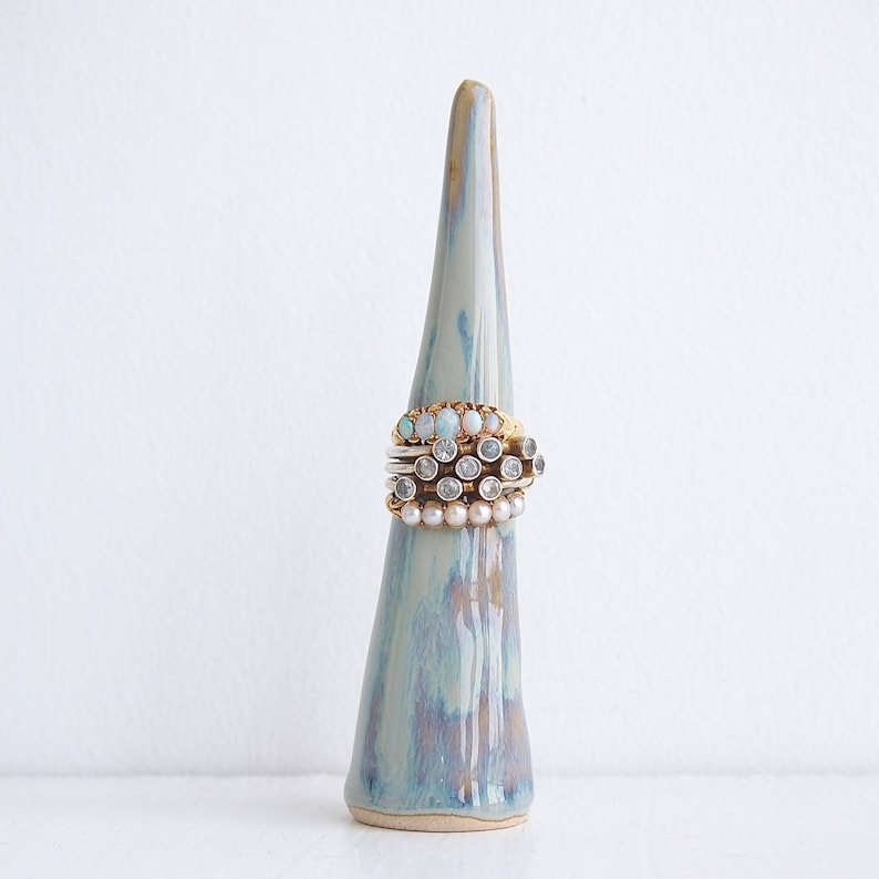pottery ring holder ceramic ring display Handmade bluebrown glossy ceramic ring cone jewellery display blue brown ceramic ring holder