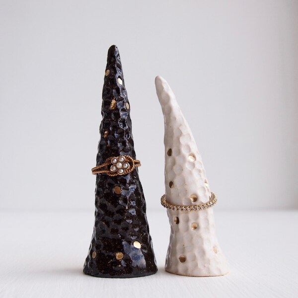 Pair tall black and white ceramic ring cones, jewellery storage, ring holder, handmade ceramic ring cone, black and gold,  unique gift,gold