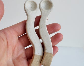 Handmade oatmeal satin glaze  wavy stoneware pottery serving spoon / honey scoop