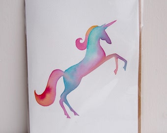 Handmade watercolour unicorn pastel greetings card, unicorn birthday card, watercolour unicorn card, rainbow unicorn card, unicorn print