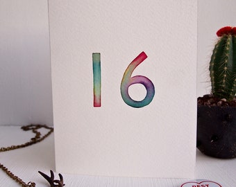 Handmade custom 16th birthday card watercolour, special age 16 watercolour birthday card,  16th birthday card, rainbow 16th birthday card,