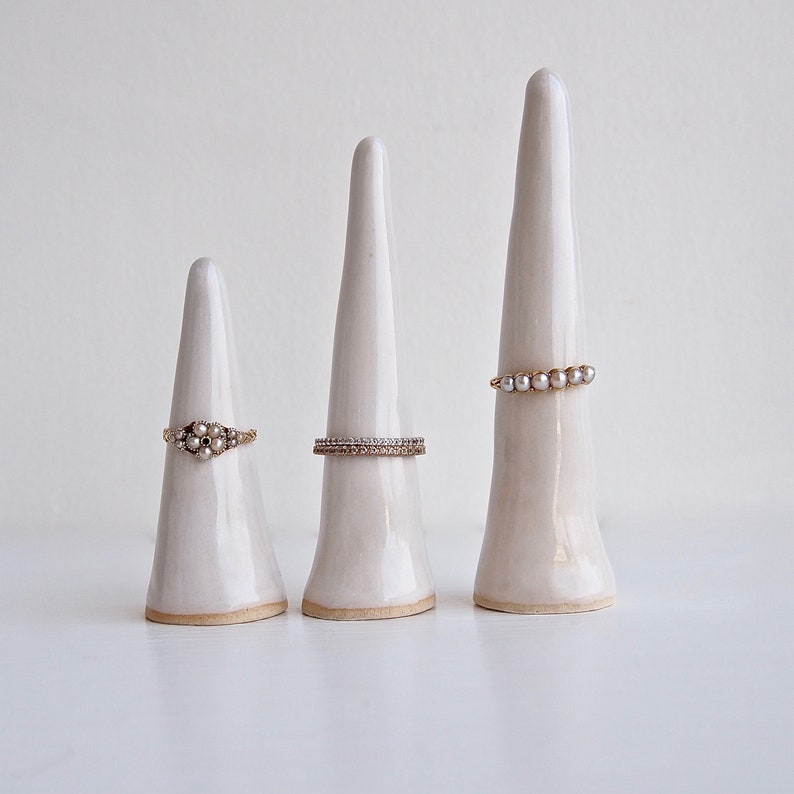 White glossy handmade ceramic ring cones, jewellery storage, ring holder, ceramic cone, ring cones, ring display, ceramic wedding gift, gift image 1