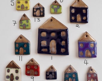 Handmade tiny ceramic house necklaces in many colours with gold , ceramic jewellery , unique ceramic charm necklace