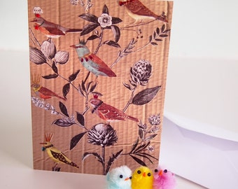 Cartão de aniversário ilustrado botânico com pássaros e flores, cartão de pássaros pintados, cartão para amantes de pássaros, cartão de pássaros ilustrado, cartão para ela,